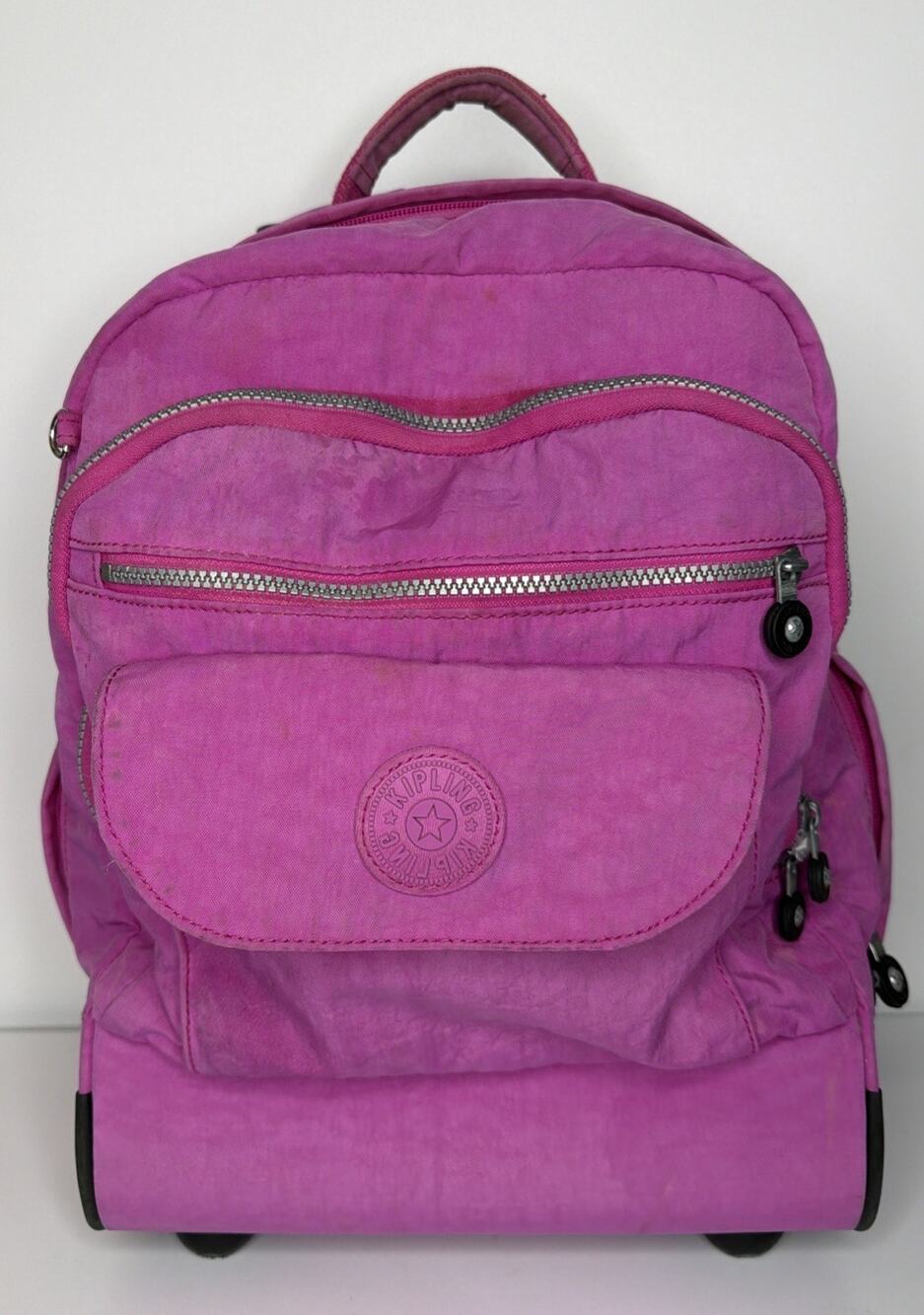 Kipling Sanaa Rolling Backpack Bright Hot Pink Print Telescope Handle